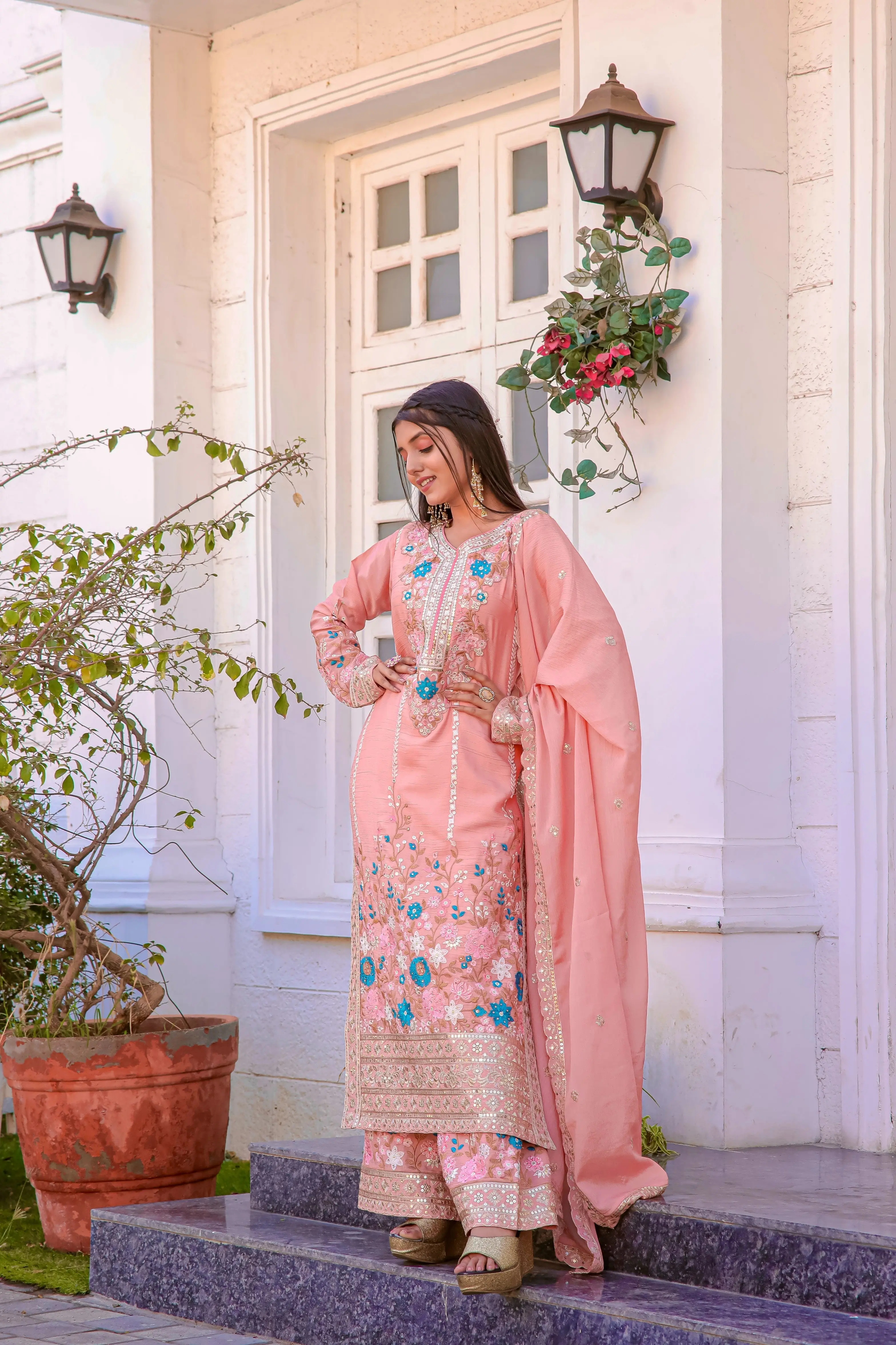Darshi-PD-Designer Party Wear Pur Chinon Silk Top Plazzo & Dupatta Set - Jaipur Blossom - Image 10