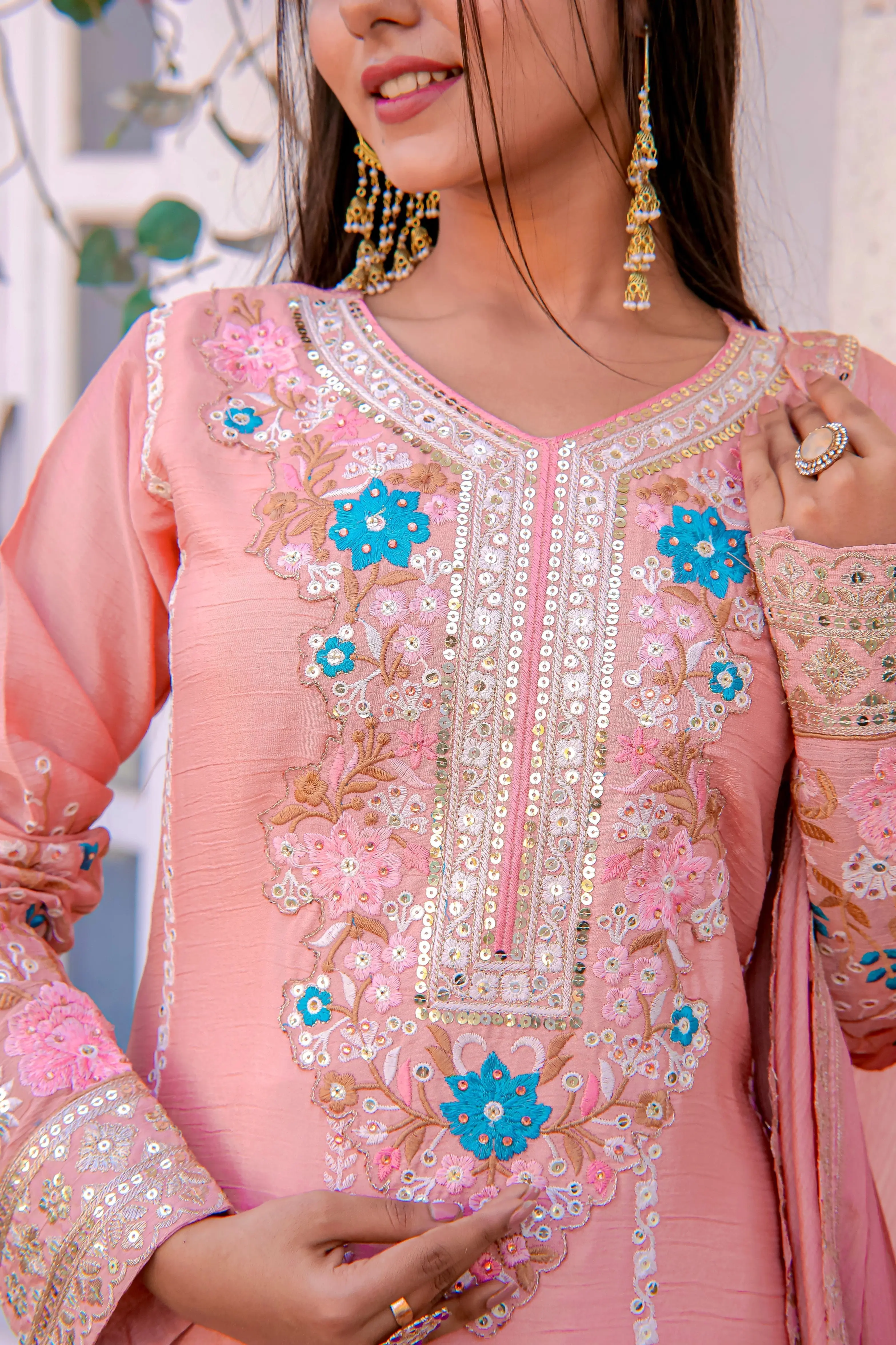 Darshi-PD-Designer Party Wear Pur Chinon Silk Top Plazzo & Dupatta Set - Jaipur Blossom - Image 12