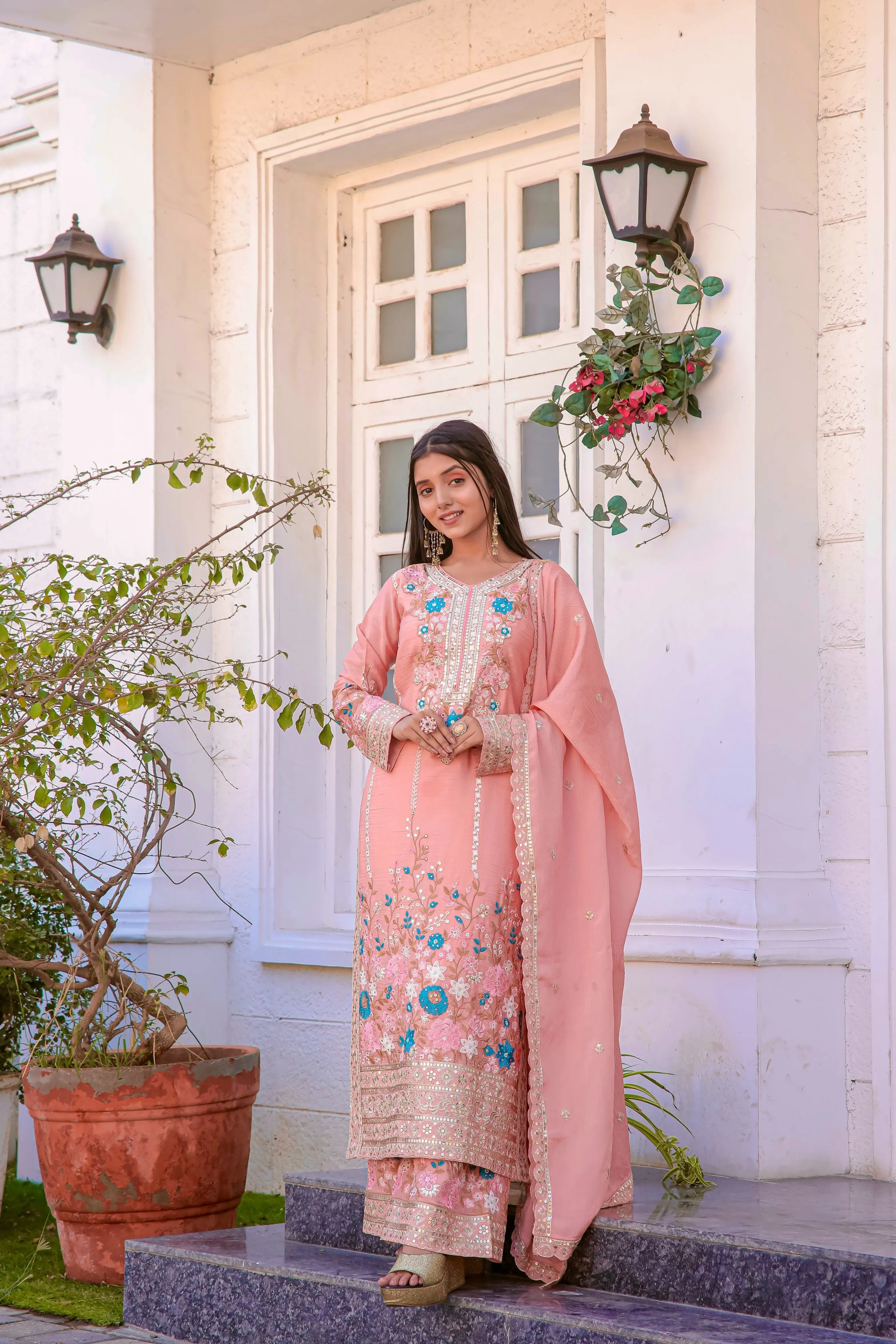Darshi-PD-Designer Party Wear Pur Chinon Silk Top Plazzo & Dupatta Set - Jaipur Blossom - Image 9