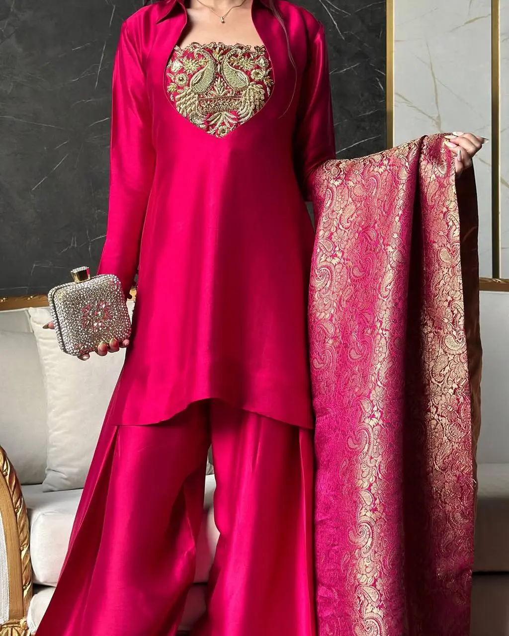 Pinki-MC  Heavy Malay Satin  Top Farshi Salwar suit - Image 5