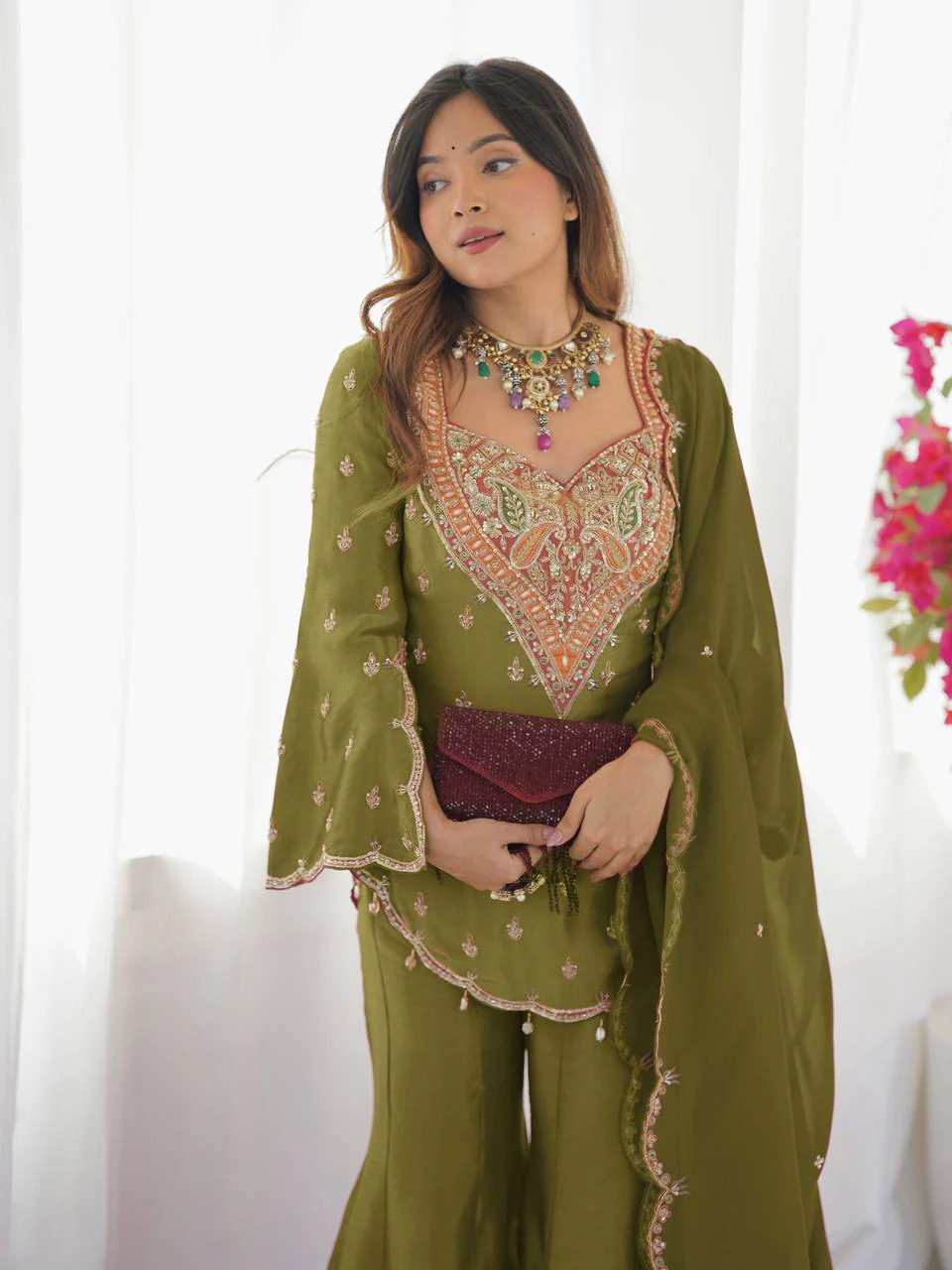 Nina -NSR Top-Bottom And Dupatta Set In simar silk - Image 9