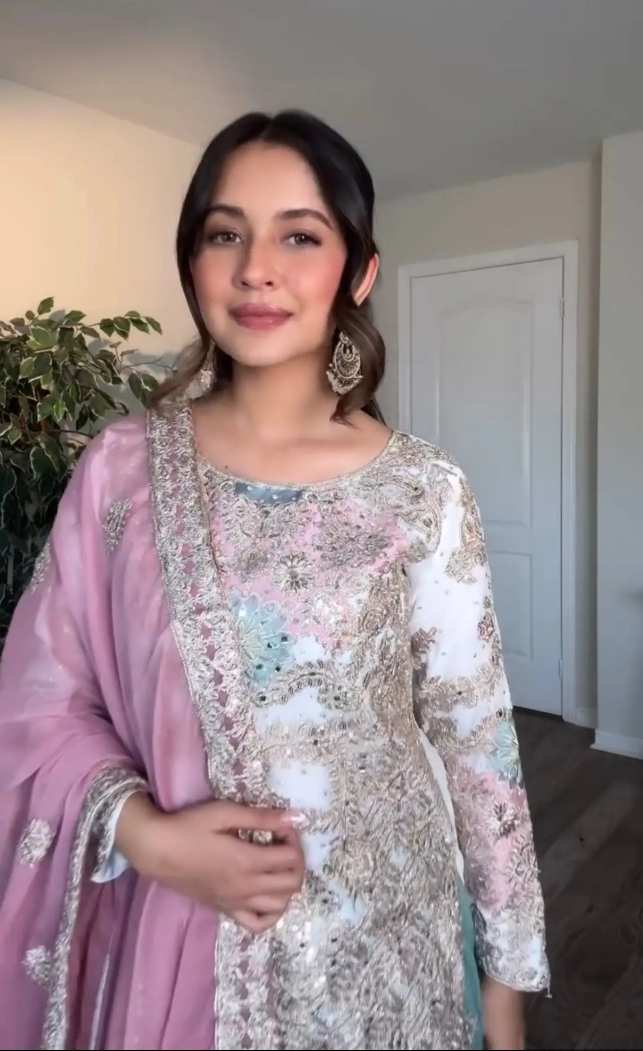 Hitaxi-PD- Faux Georgette Suit in Pastel Blush & Teal - Jaipur Blossom - Image 4